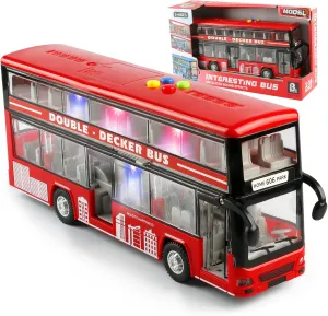 11"(28cm) Double Decker Bus Toy with Lights & Sounds, Scale(1:16) Friction Powered Bus Toy for Kids with Indoor Ceiling Lights and 4 Different Sounds - Gift for Kids Ages 3  (Red)