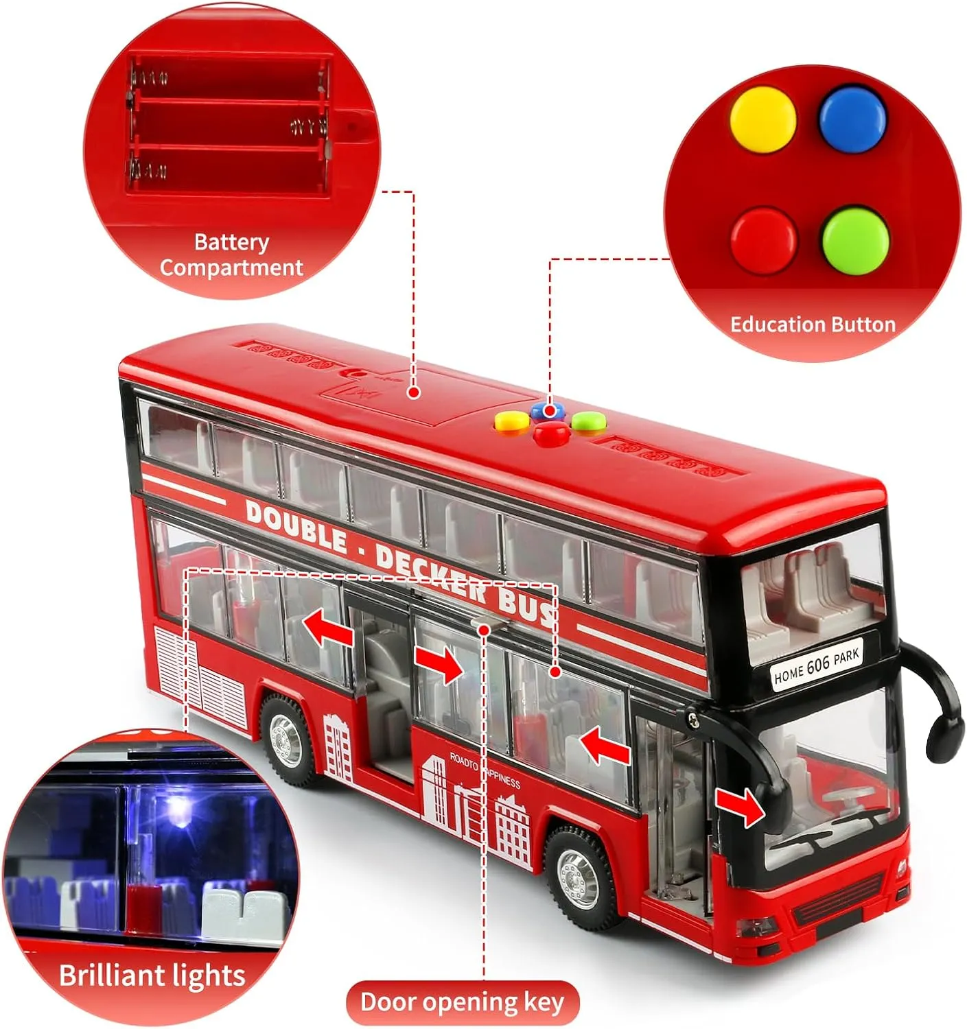 11"(28cm) Double Decker Bus Toy with Lights & Sounds, Scale(1:16) Friction Powered Bus Toy for Kids with Indoor Ceiling Lights and 4 Different Sounds - Gift for Kids Ages 3  (Red)