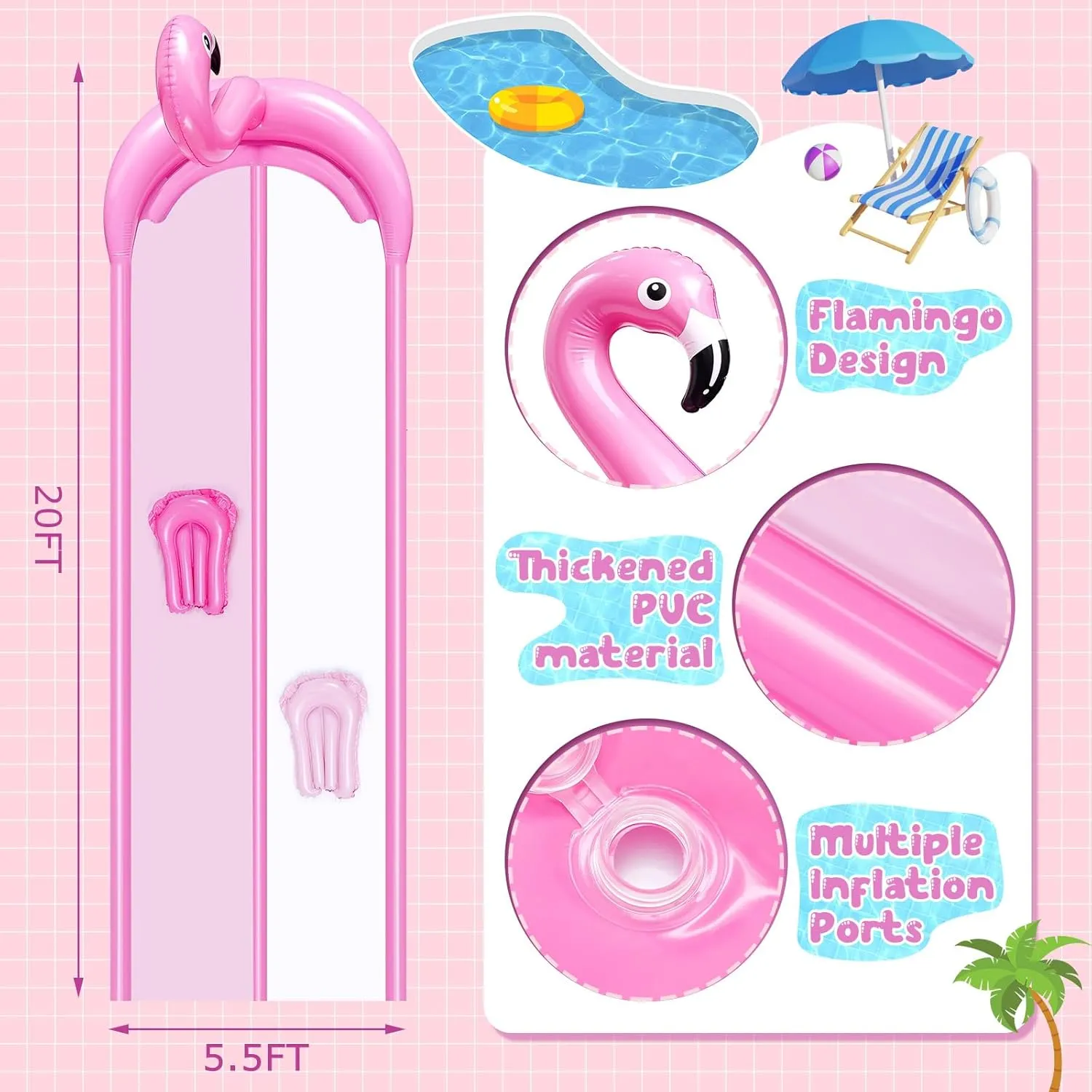 20ft 3D Flamingo Slip Water Slide Double Lane Lawn Water Slides 3 Sided Safe Fence Heavy Duty Inflatable with 2 Bodyboards and Sprinkler for Boy Girl Outdoor Backyard Play