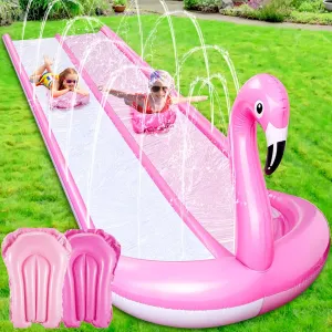 20ft 3D Flamingo Slip Water Slide Double Lane Lawn Water Slides 3 Sided Safe Fence Heavy Duty Inflatable with 2 Bodyboards and Sprinkler for Boy Girl Outdoor Backyard Play