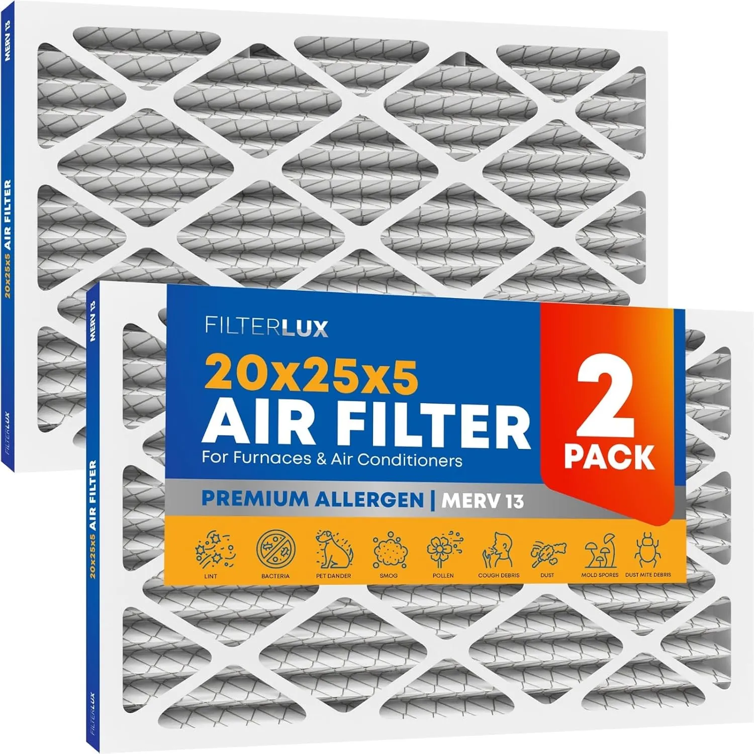 20x25x5 Air Filter MERV 13 Premium Defense (2-Pack), Pleated HVAC AC Furnace Air Filters for Honeywell FC100A1037, Lennox X6673, Carrier, (Actual19.88 x 24.75 x 4.38 Inches) MPR 1900 FPR 10