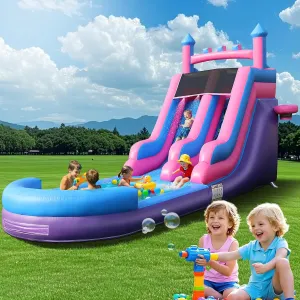 26.4FT Extra Inflatable Water Silde Swimming Pool for Kids Adults, Heavy Duty 100% PVC Water Slide with Big Airtight Water Pool, Double Water Slides with 1100W Blower, Basketball Hoop