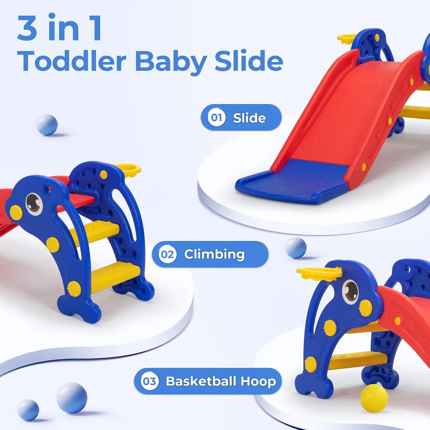 3 in 1 Toddler Slide, Baby Slide Plastic Climber Playset with Basketball Hoop and Ball, Indoor and Outdoor Playground for Kids Red