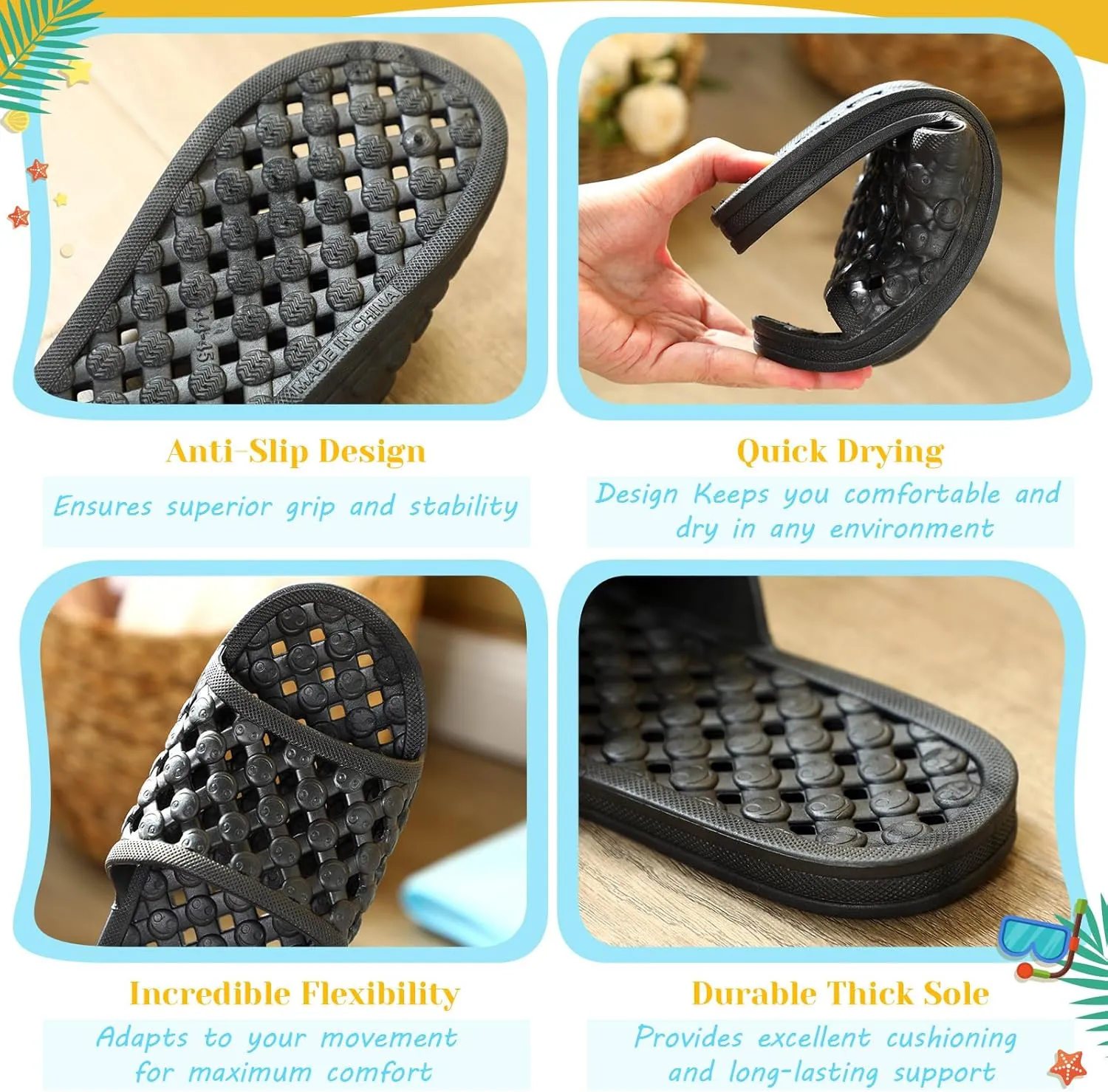 3 Pairs Shower Shoes for Women Quick Dry Non Slip Shower Slippers with Drain Holes for Indoor Outdoor Living Room