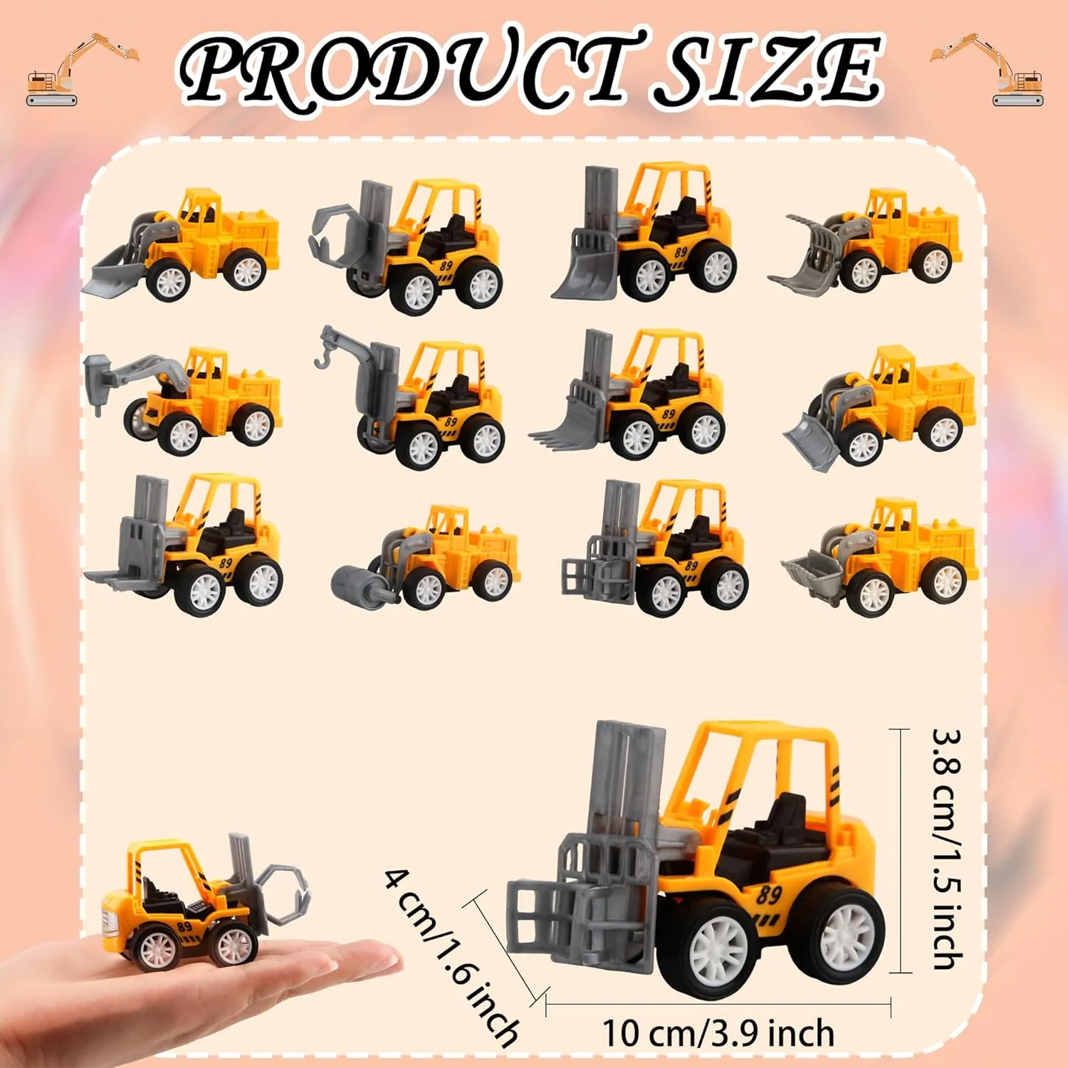 40 Pack Mini Construction Vehicles, Pull Back Trucks, Yellow, Color Style 2, Kids Construction Toys, Ages 3 