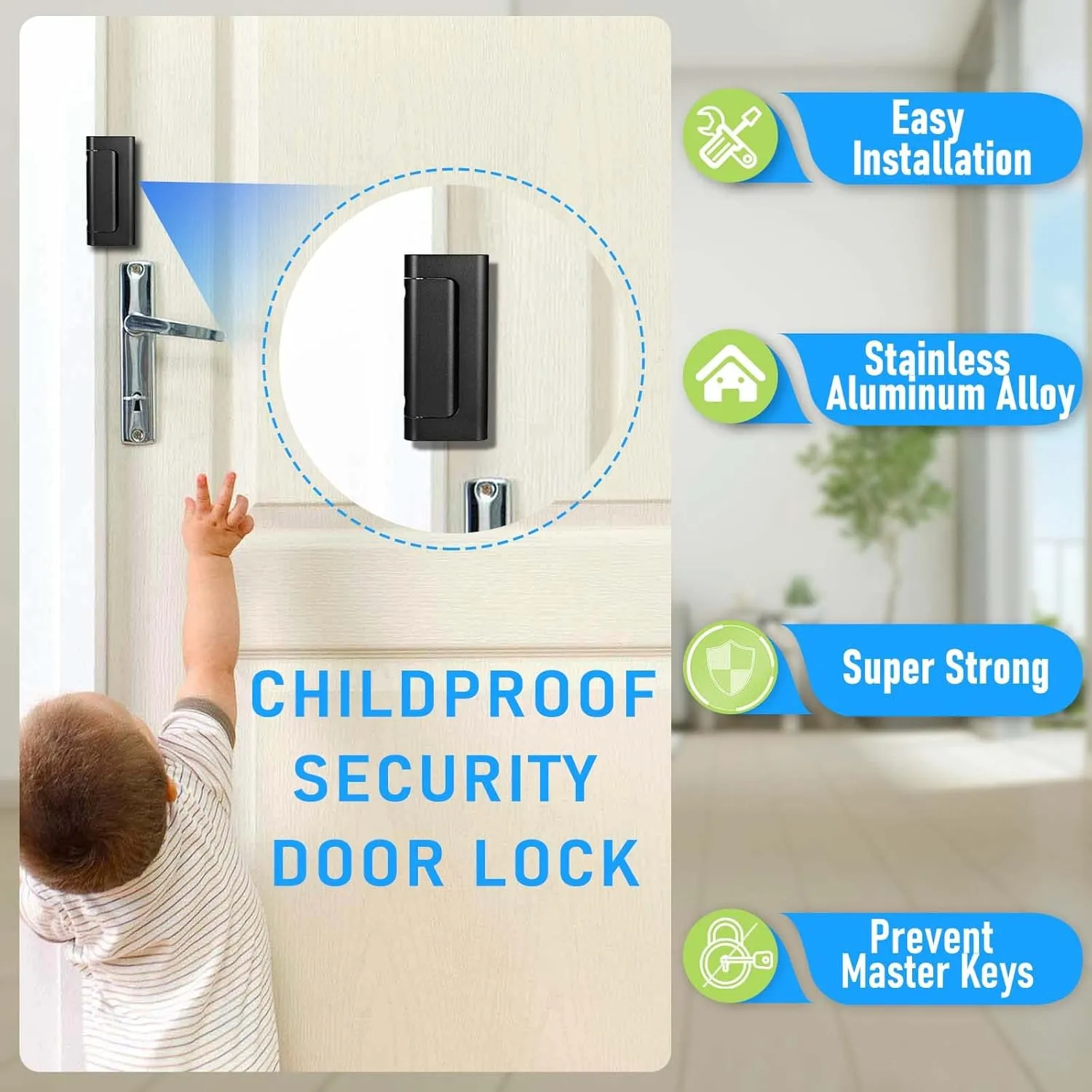 4Pack Home Security Door Reinforcement Lock, Childproof Safety Door Lock Latch Inside Stopper, Add High Security to Prevent Home Unauthorized Entry, Aluminum Construction Finish Black