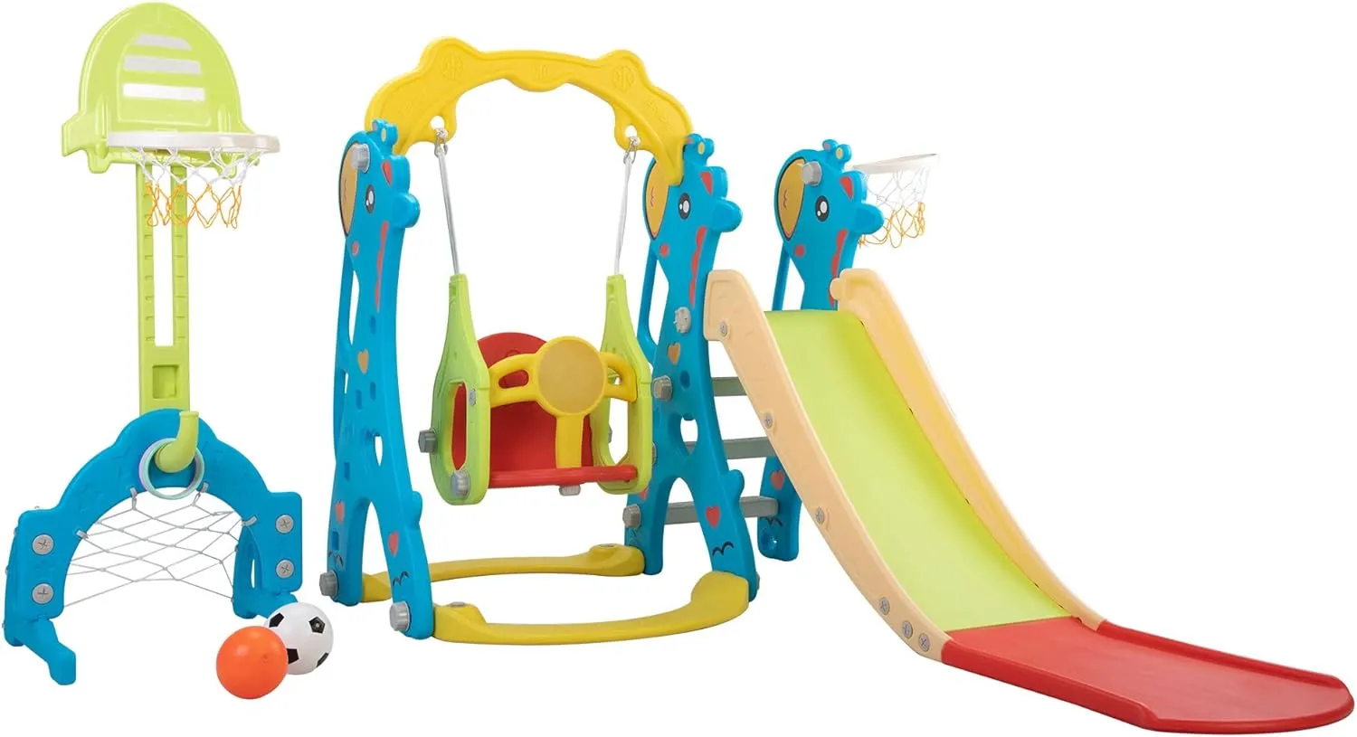 5 in 1 Toddler Slide and Swing Play Set, Children Freestanding Slide with Basketball Hoop and Football Goal for Age 1 , Indoor and Outdoor Playground, Yellow and Blue