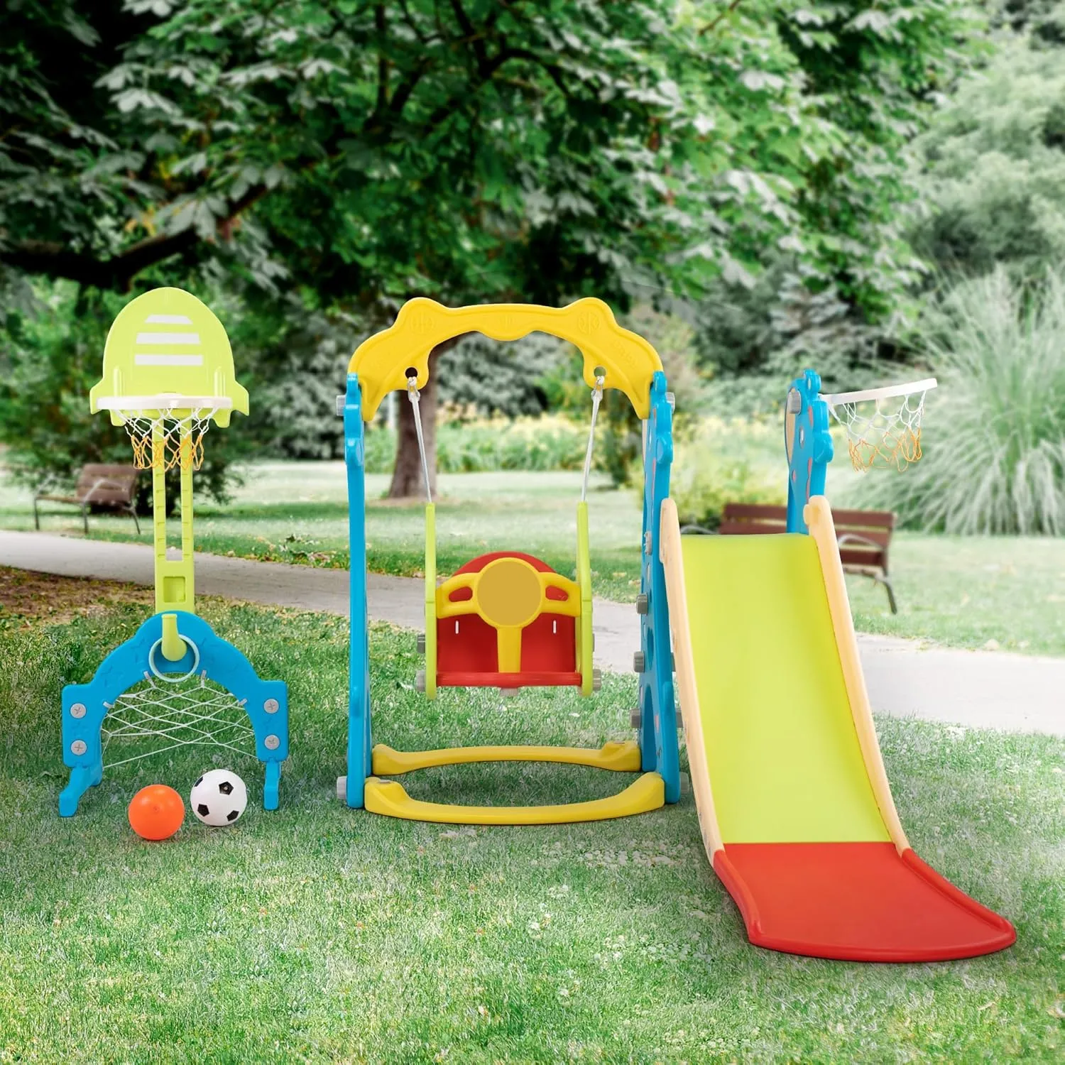 5 in 1 Toddler Slide and Swing Play Set, Children Freestanding Slide with Basketball Hoop and Football Goal for Age 1 , Indoor and Outdoor Playground, Yellow and Blue