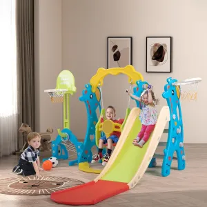 5 in 1 Toddler Slide and Swing Play Set, Children Freestanding Slide with Basketball Hoop and Football Goal for Age 1 , Indoor and Outdoor Playground, Yellow and Blue