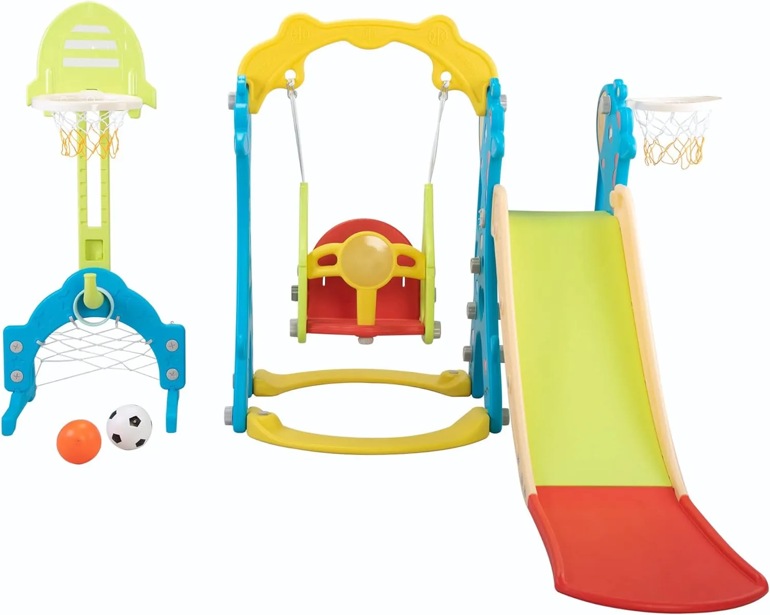5 in 1 Toddler Slide and Swing Play Set, Children Freestanding Slide with Basketball Hoop and Football Goal for Age 1 , Indoor and Outdoor Playground, Yellow and Blue