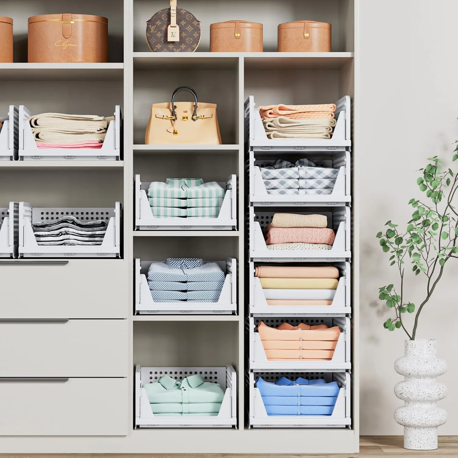5 Pack Stackable Closet Storage Basket - Stackable Storage Bins, Multifunctional & Foldable Closet Organizer, Wardrobe Cupboard Space-Saving Hat Storage Drawer Organizer, White