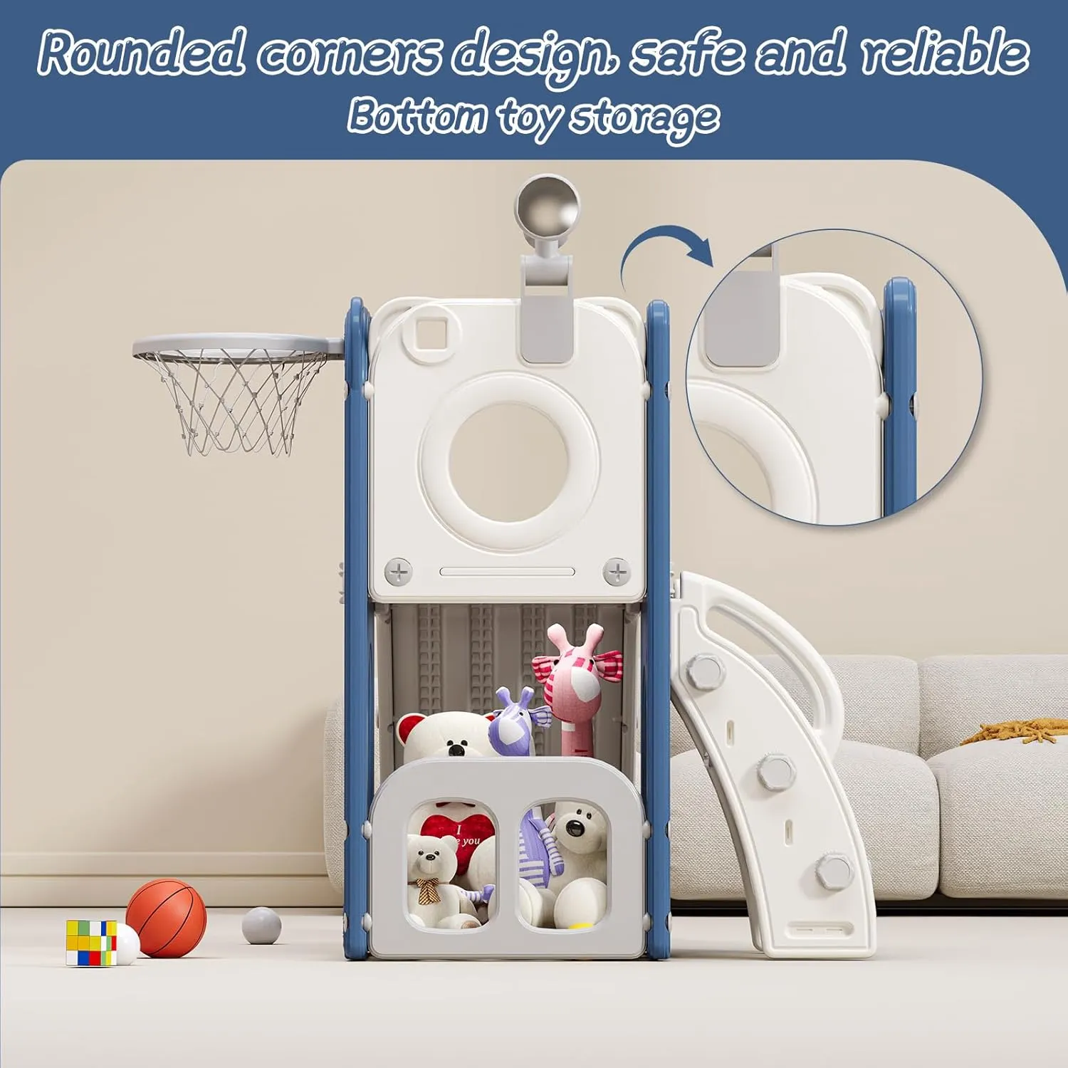 6 in 1 Toddler Slide for Toddlers Age 1-3, Extra-Long Slide with Basketball Hoop Indoor and Outdoor Baby Climber Playset Playground Freestanding Slide (White Blue)