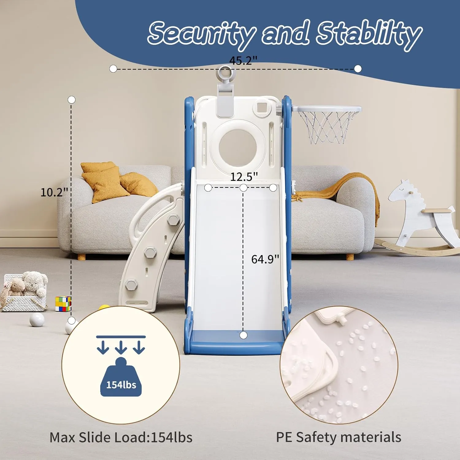 6 in 1 Toddler Slide for Toddlers Age 1-3, Extra-Long Slide with Basketball Hoop Indoor and Outdoor Baby Climber Playset Playground Freestanding Slide (White Blue)