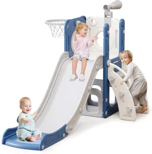 6 in 1 Toddler Slide for Toddlers Age 1-3, Extra-Long Slide with Basketball Hoop Indoor and Outdoor Baby Climber Playset Playground Freestanding Slide (White Blue)
