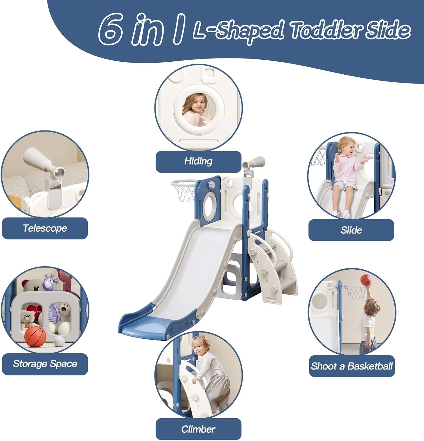 6 in 1 Toddler Slide for Toddlers Age 1-3, Extra-Long Slide with Basketball Hoop Indoor and Outdoor Baby Climber Playset Playground Freestanding Slide (White Blue)