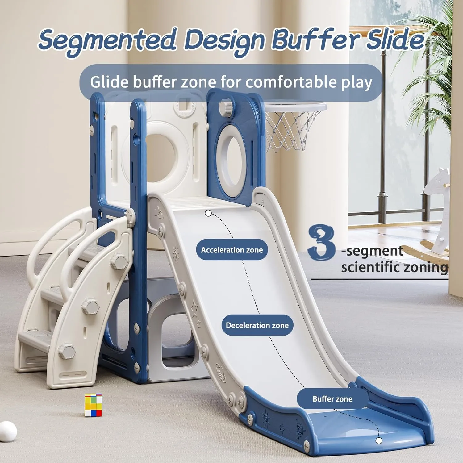 6 in 1 Toddler Slide for Toddlers Age 1-3, Extra-Long Slide with Basketball Hoop Indoor and Outdoor Baby Climber Playset Playground Freestanding Slide (White Blue)