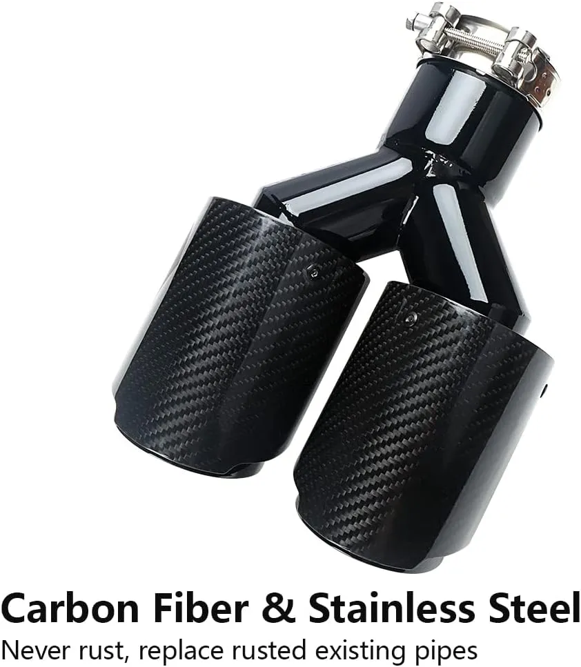 A-KARCK Carbon Fiber Exhaust Tip 2.5" Inlet to Dual 3.5" Outlet, High Temperature Resistance 9.8" Long Stainless Steel Tailpipe tip (Black Pipe and Black Shell)