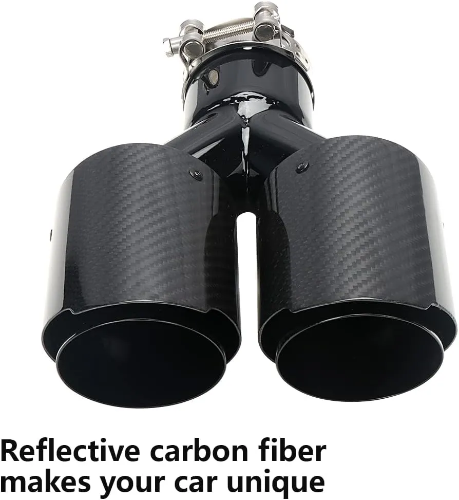 A-KARCK Carbon Fiber Exhaust Tip 2.5" Inlet to Dual 3.5" Outlet, High Temperature Resistance 9.8" Long Stainless Steel Tailpipe tip (Black Pipe and Black Shell)