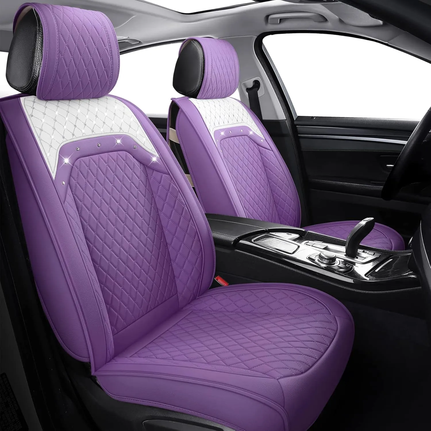 Aierxuan Front Sparkle Seat Covers for Women Waterproof Leather Crystal Diamond Universal Fit for Subaru Kia Forte Optima Nissan Altima Frontier Sentra (2PCS Front, Purple)