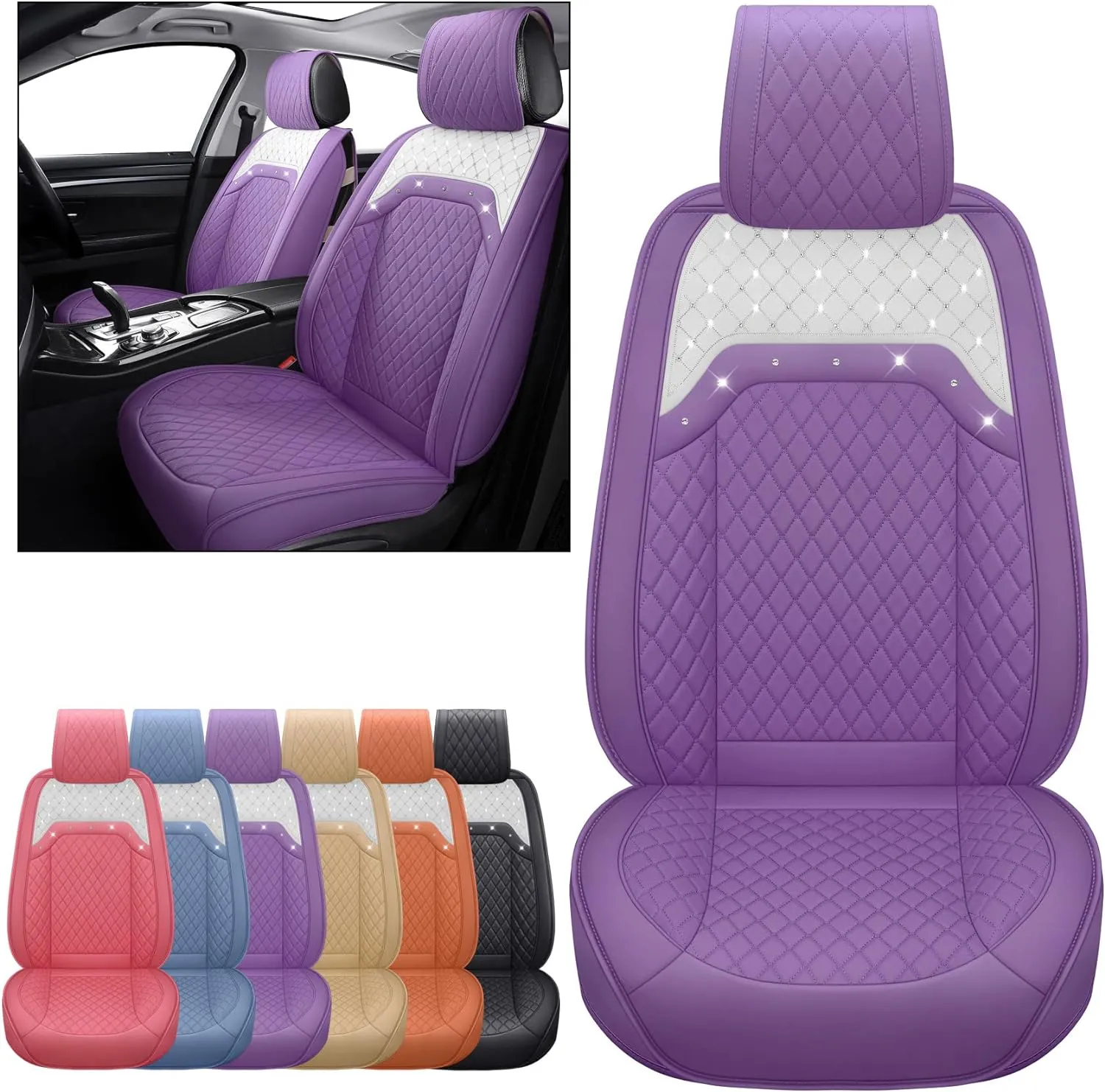 Aierxuan Front Sparkle Seat Covers for Women Waterproof Leather Crystal Diamond Universal Fit for Subaru Kia Forte Optima Nissan Altima Frontier Sentra (2PCS Front, Purple)