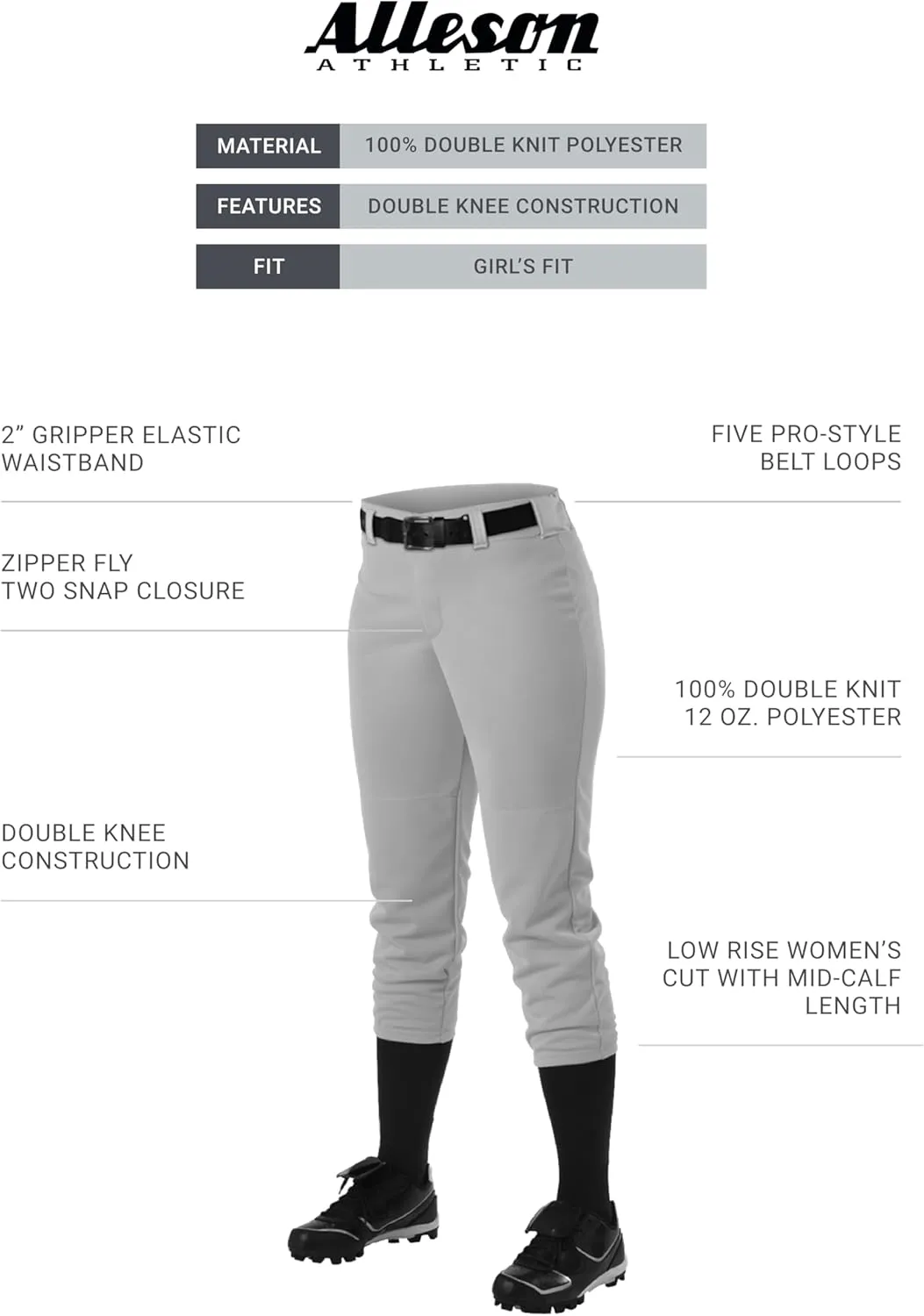 Alleson Athletic Girls Belt Loop Fastpitch Pant – Five Pro-Style Fit, Moisture-Wicking & Durable Fabric