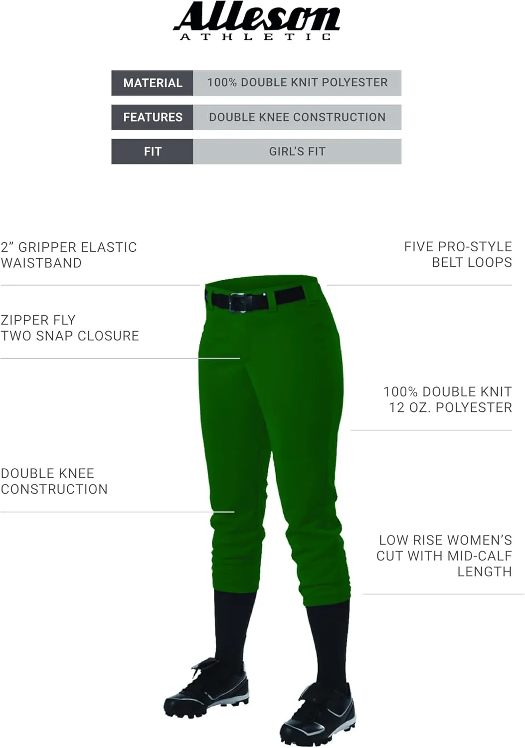 Alleson Athletic Girls Belt Loop Fastpitch Pant – Five Pro-Style Fit, Moisture-Wicking & Durable Fabric