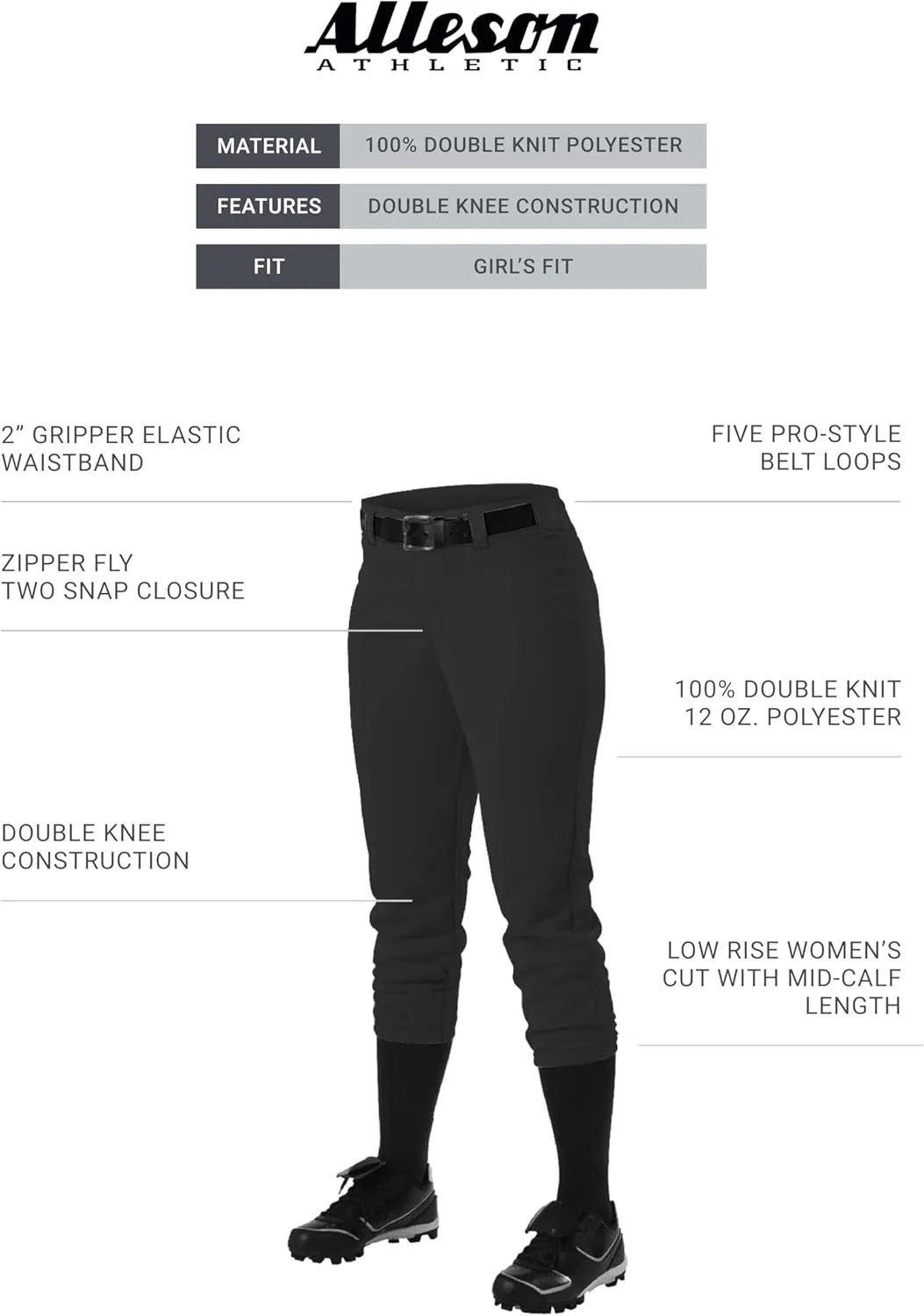 Alleson Athletic Girls Belt Loop Fastpitch Pant – Five Pro-Style Fit, Moisture-Wicking & Durable Fabric