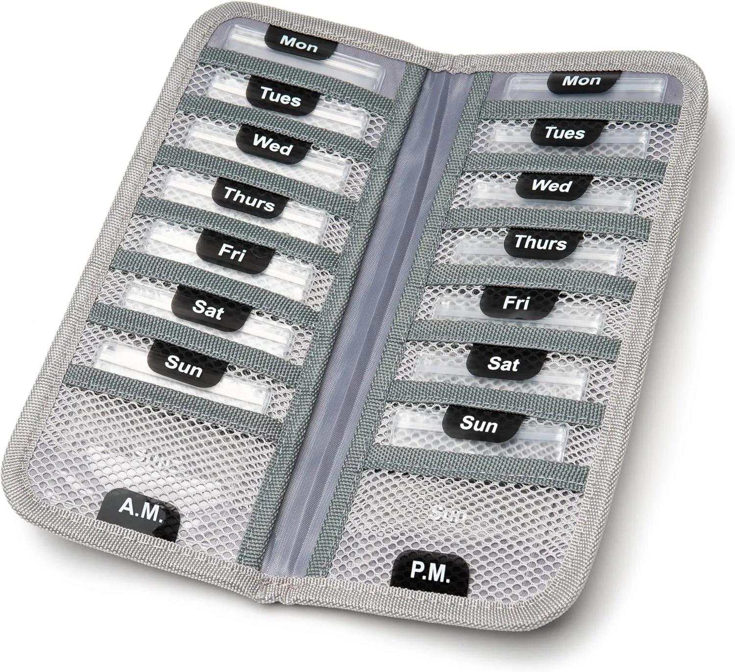 AM/PM Bi-Folding Pill Organizer   Supplement Case for OTC Medicine, Prescription   Vitamins - 14 Labeled Monday-Sunday Slide Lock Pouches, Grey Travel Pill Case