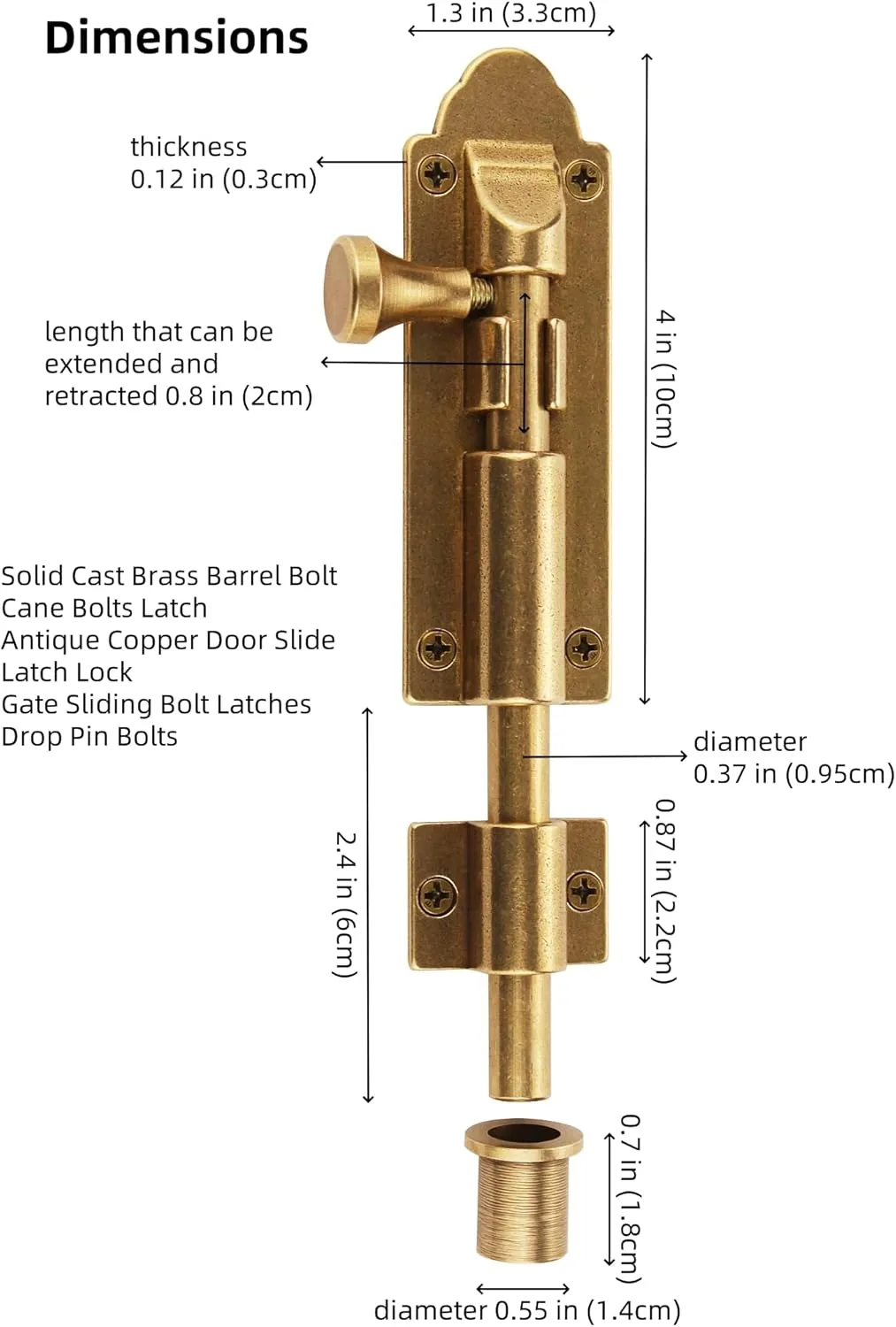Antique Copper Barrel Bolt Buckle Heavy Duty,Vintage Solid Brass Thickened Door Latch，Furniture Reproduction Restorations Hardware