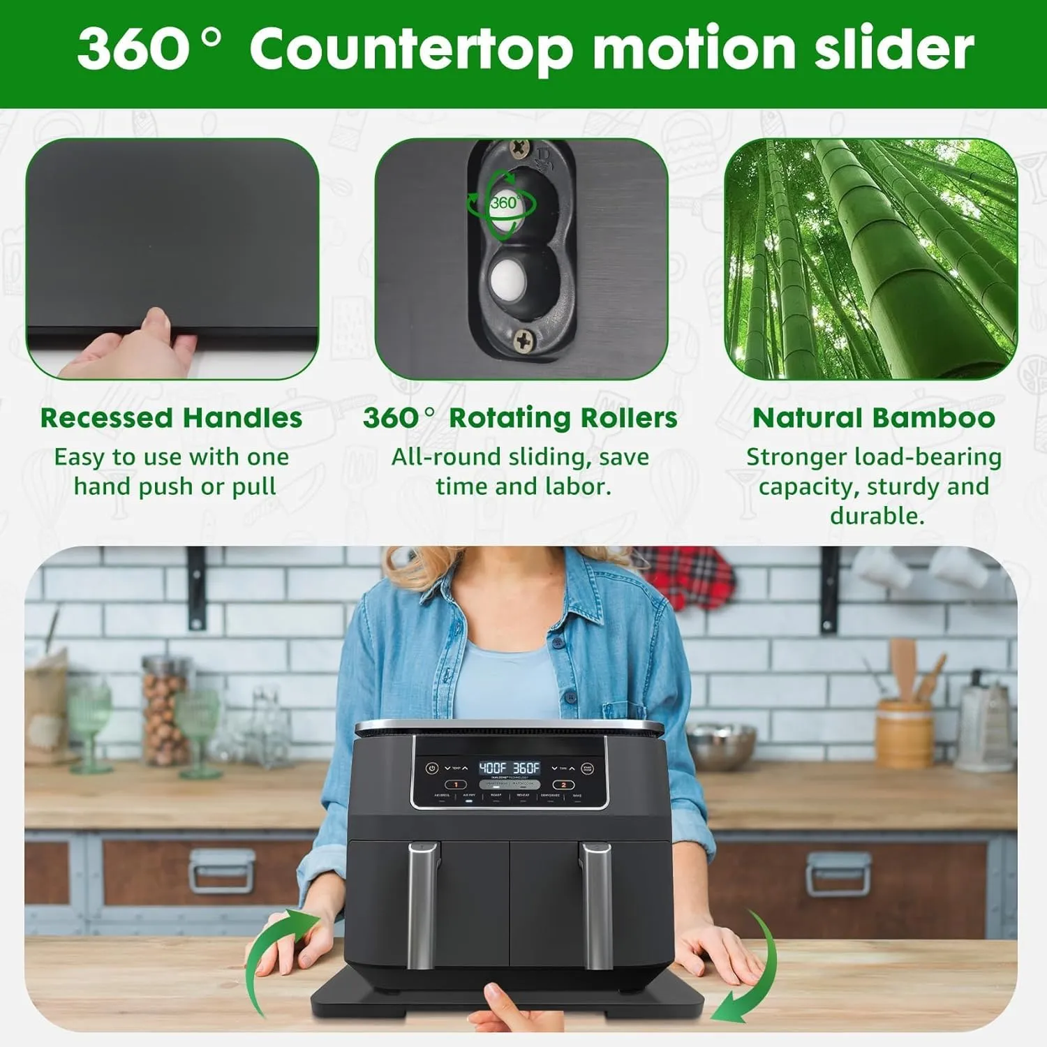 Appliance Slider 360° Rolling Tray for Coffee Maker Bamboo Coffee Pot Slider Tray for Countertop Rotation Sliding Tray with Wheels, Appliances Mat Easily from Under The Cabinet Black(Large 15.7"×13")