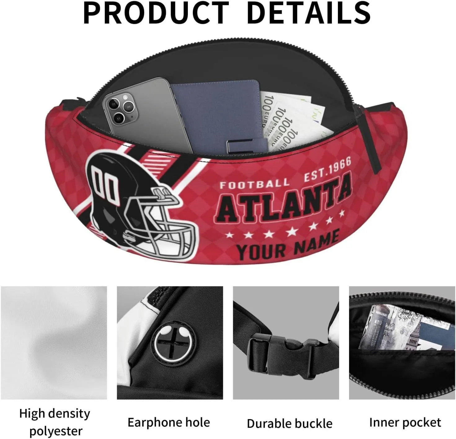 Atlanta Waist Bag Adjustable Football Belt Bag Personalized Custom Fanny Pack Sports Hiking Running Belt Waist Pack for Women Men Fans Gifts