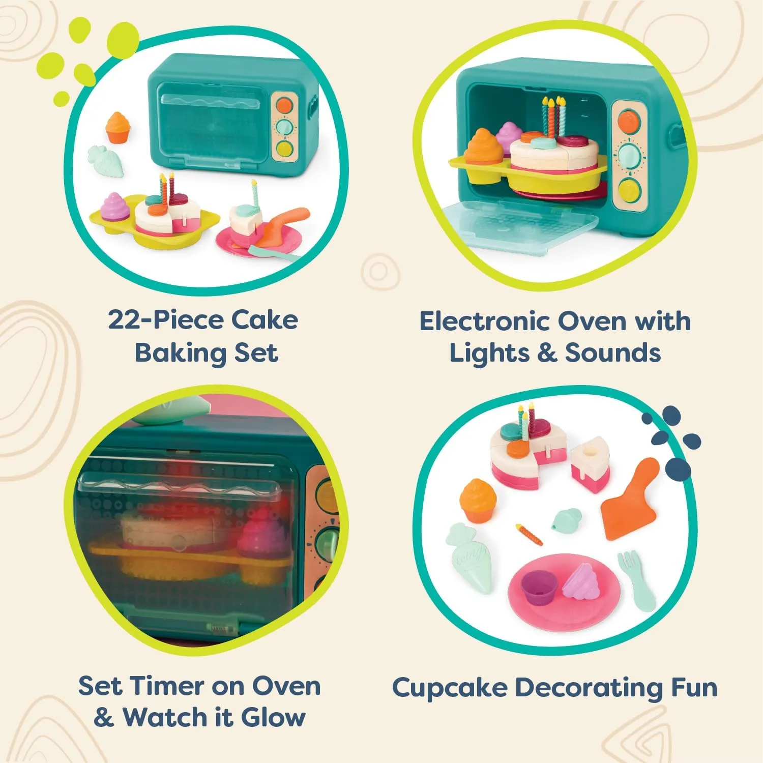 B. toys – Play Oven Set – 22-Piece Cake Baking Playset – Pretend Cupcake Decorating – Lights & Sounds – 3 Years   – Mini Chef - Bake-a-Cake Playset