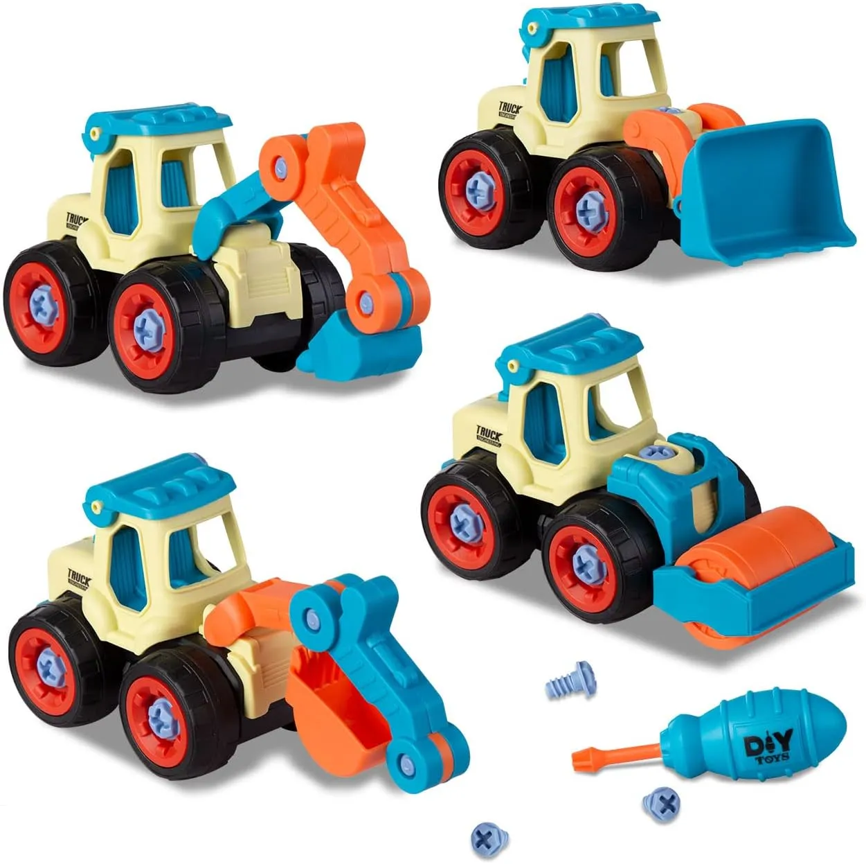 Beach Sand Toys for Toddlers Age 3-5,Outdoor Sandbox Toys, Kids Toys for 2 3 4 Year Old Boys, Stem Take Apart Construction Toys Truck, Excavator, Bulldozer, Ground Drill, Road Roller (Blue)