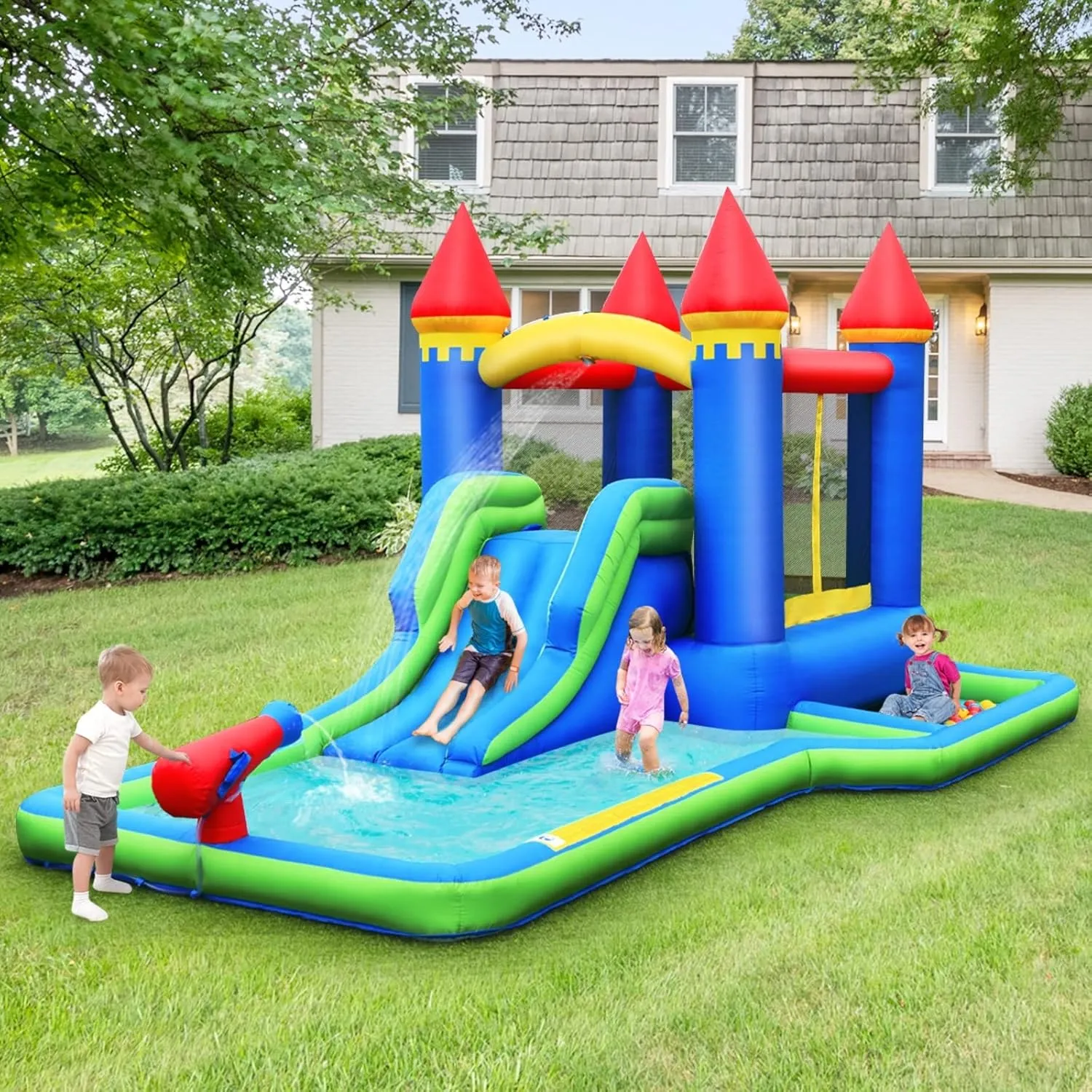 BOUNTECH Inflatable Water Slide, Bounce House Water Slide with Ball Pit Wet Dry for Kids Backyard Fun w/Splash Pool, Blow up Bouncy Castle Water Slides Inflatables for Boys Girls Outdoor Party Gifts