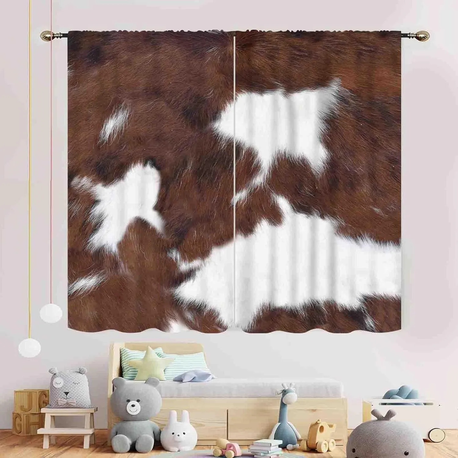 Brown Cow Print Curtains, Rustic Western Cowhide Highland Cow Fur Skin Farmhouse Rural Retro Country Kitchen Window Drapery Treatments for Bedroom Living Room Bathroom 2 Panels, 42"x45" Inch