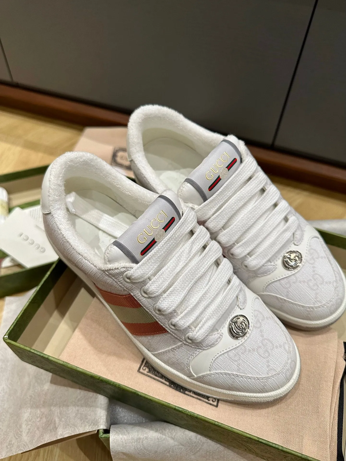 CALFSKIN GG Gucci LIGHT SCREENER GRAY Express shipping TRAINER Express delivery WOMEN'S