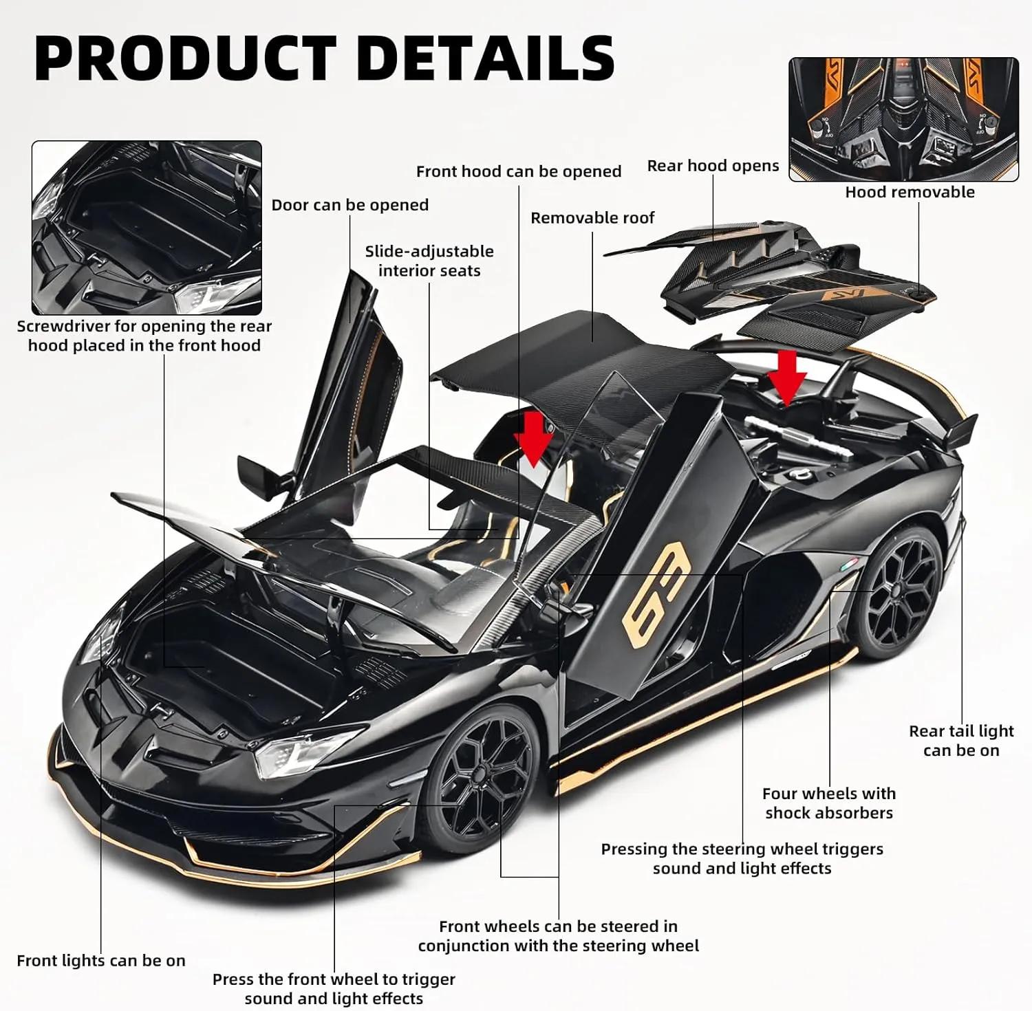 Car Toys for Boys 1/18 Diecast Cars Lambo SVJ 63 Model Car Kits,Lambo Collectibles Model with Light and Sound,Race Cars for Kids Ages 4-8（Black）