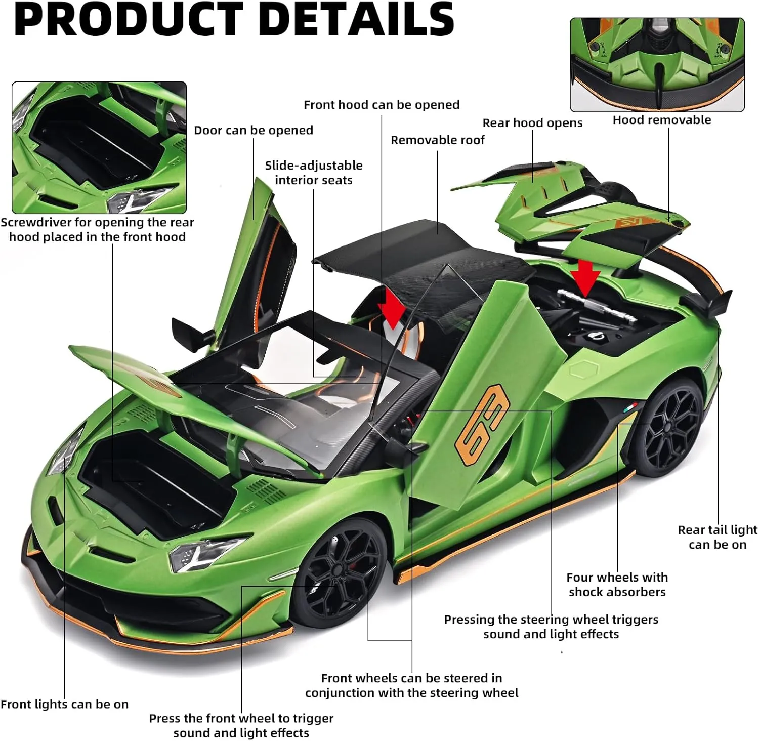 Car Toys for Boys 1/18 Diecast Cars Lambo SVJ 63 Model Car Kits,Lambo Collectibles Model with Light and Sound,Race Cars for Kids Ages 4-8（Green）