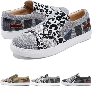 Casual Pieced Raw Edge Animal Print Canvas Slip-On Flats 2024 Women's Orthopedic Comfort Platform Low Top Sneaker
