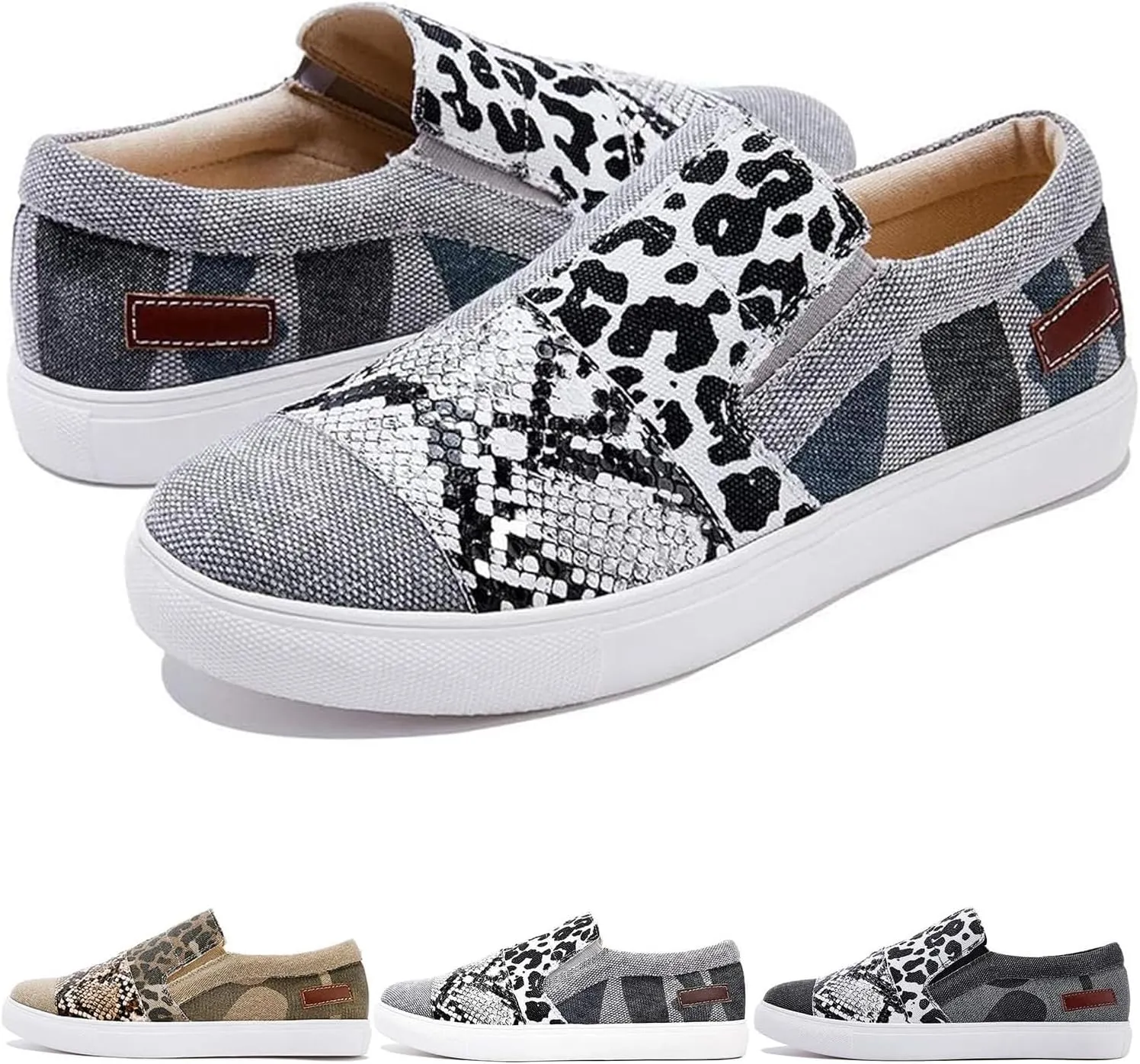 Casual Pieced Raw Edge Animal Print Canvas Slip-On Flats 2024 Women's Orthopedic Comfort Platform Low Top Sneaker