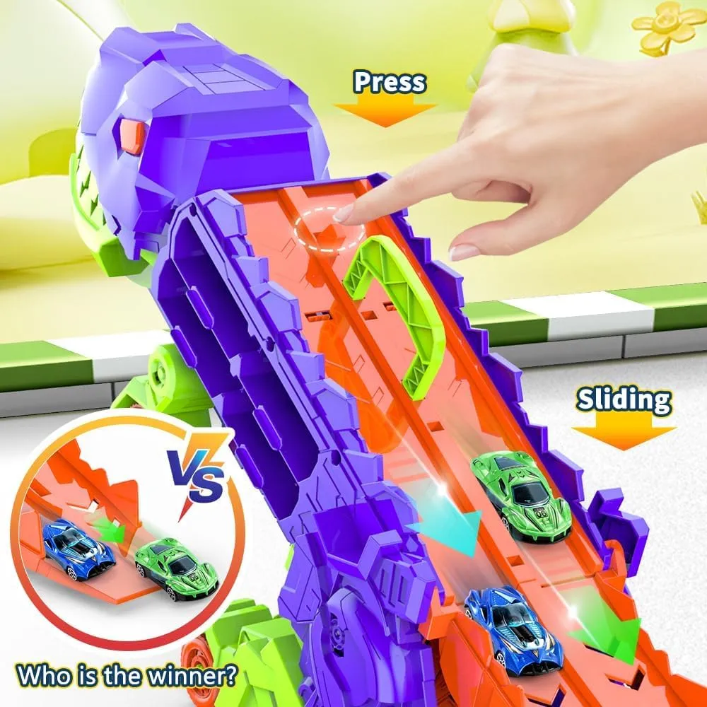 City Dinosaur Ultimate Hauler Track Toy, Transforms into Stomping Dinosaur with Race Track Ultimate Transporter Hauler Toddler Toys Gifts for Kids Ages 3 4 5 6 Years Old(4 Cars), Purple