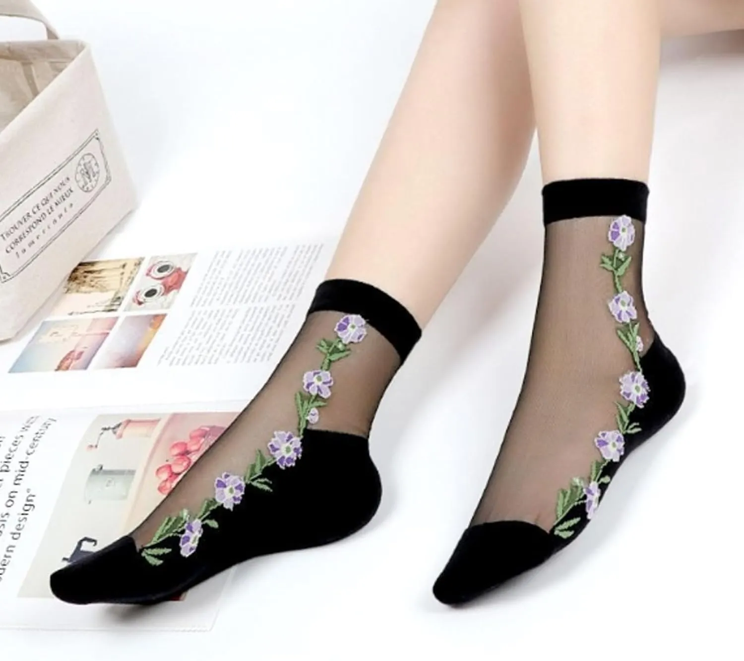 Cityelf 5 Pack Women Sheer Socks Summer Ruffle Thin Cool Footwear See Through Silky Lace Ankle Cute Stocking