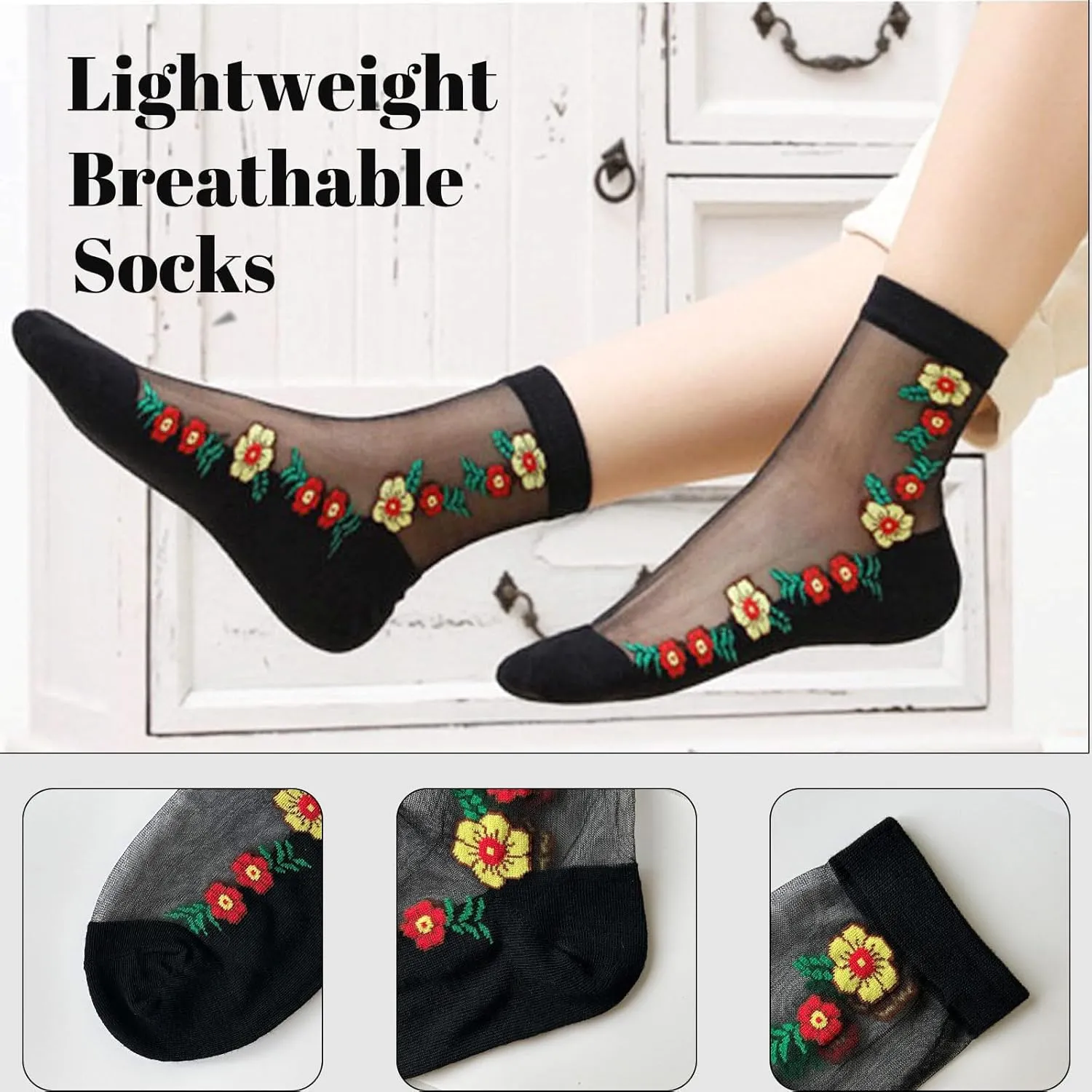 Cityelf 5 Pack Women Sheer Socks Summer Ruffle Thin Cool Footwear See Through Silky Lace Ankle Cute Stocking