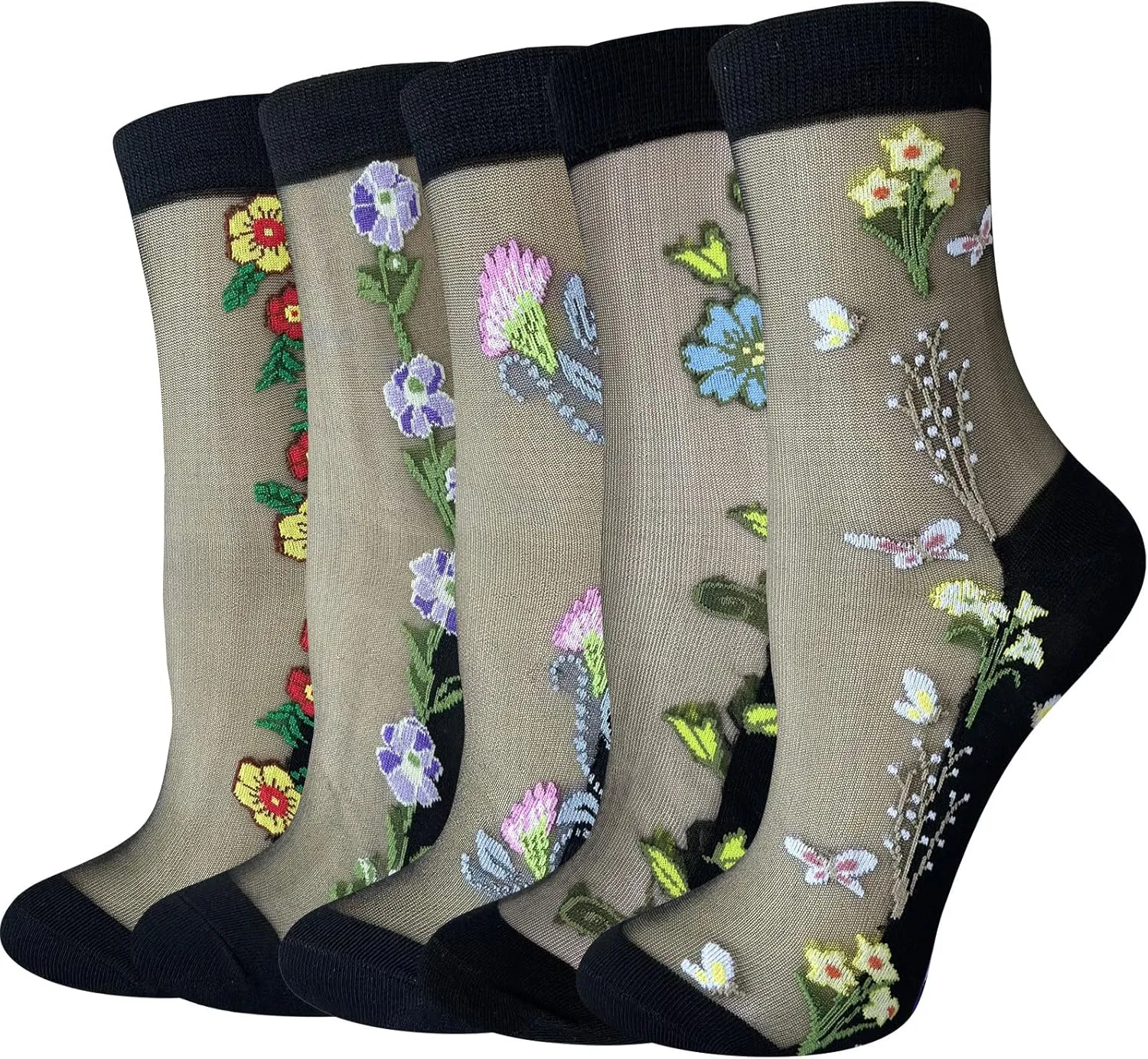Cityelf 5 Pack Women Sheer Socks Summer Ruffle Thin Cool Footwear See Through Silky Lace Ankle Cute Stocking