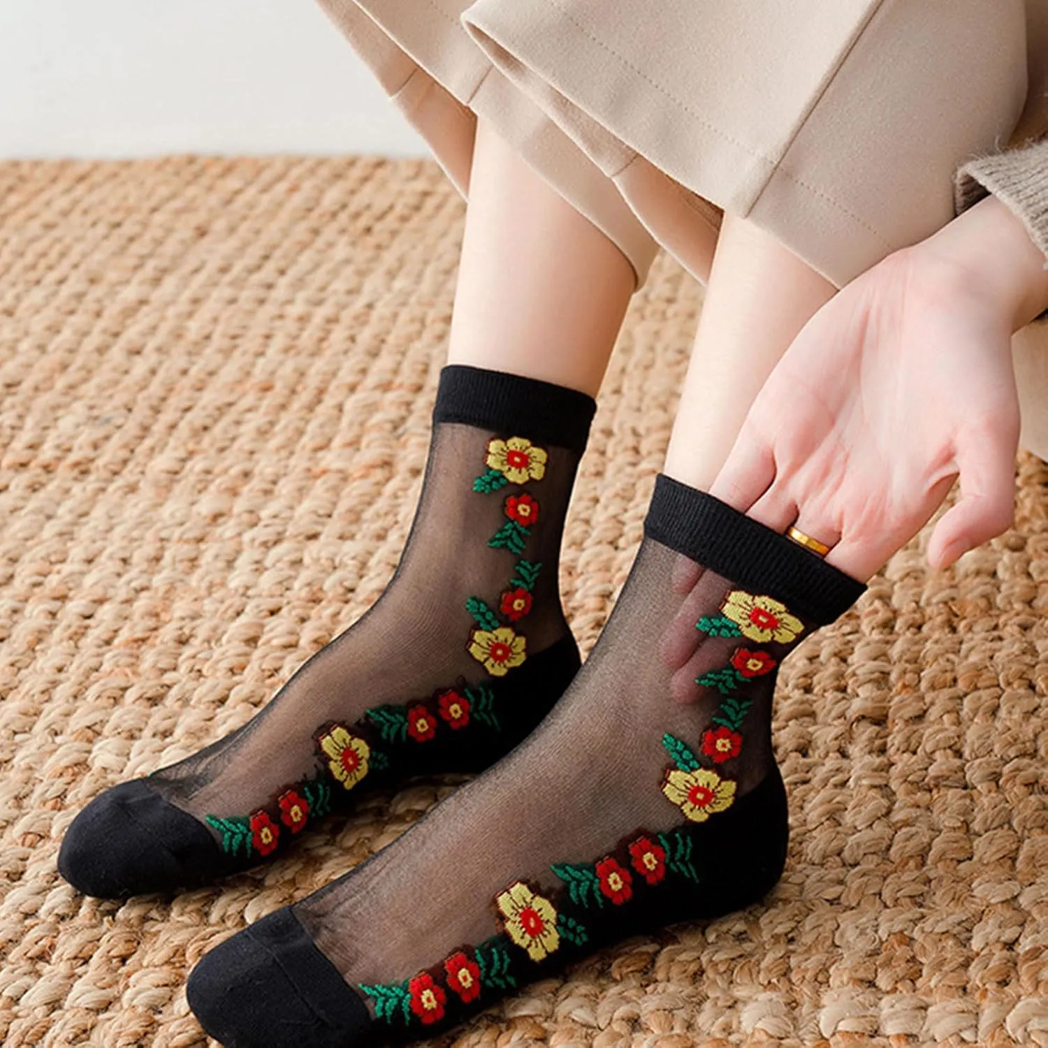 Cityelf 5 Pack Women Sheer Socks Summer Ruffle Thin Cool Footwear See Through Silky Lace Ankle Cute Stocking