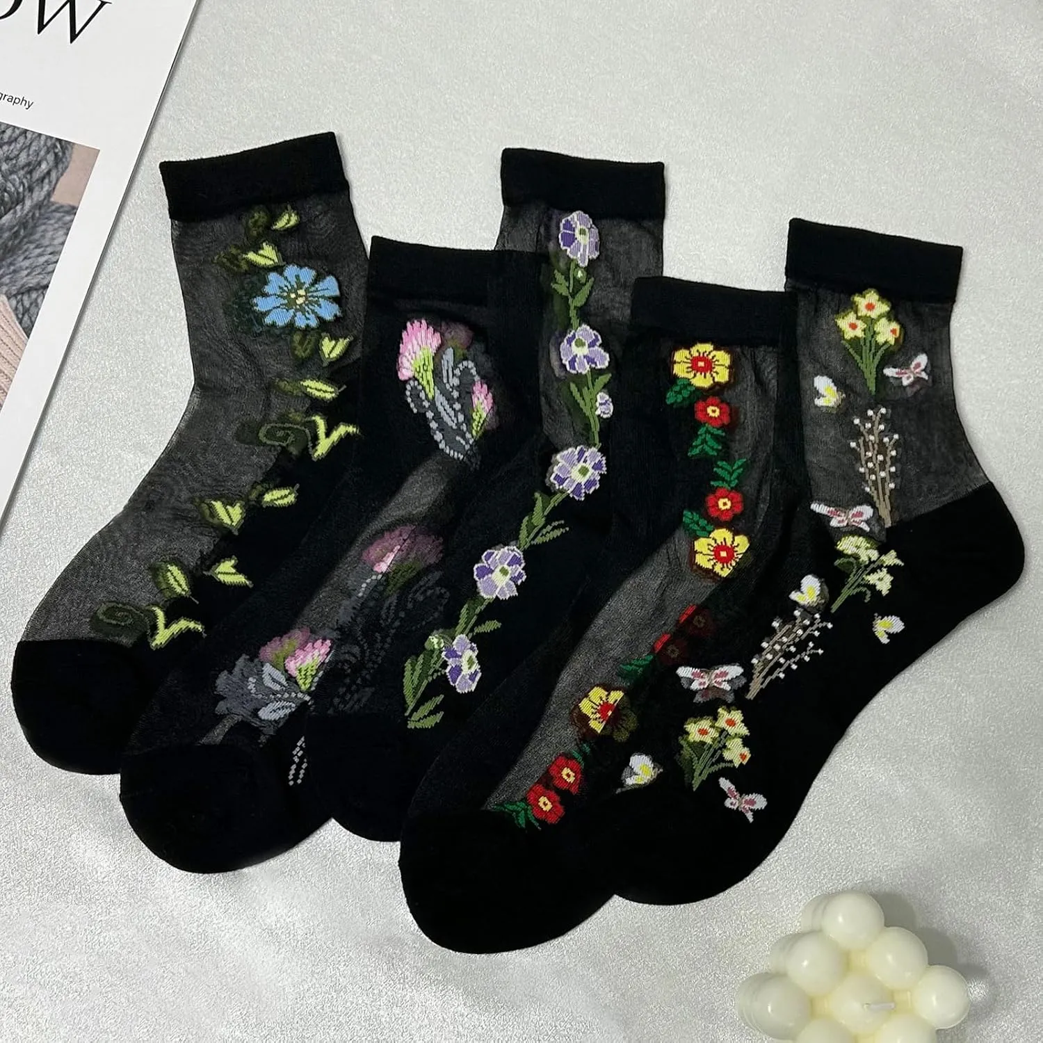 Cityelf 5 Pack Women Sheer Socks Summer Ruffle Thin Cool Footwear See Through Silky Lace Ankle Cute Stocking