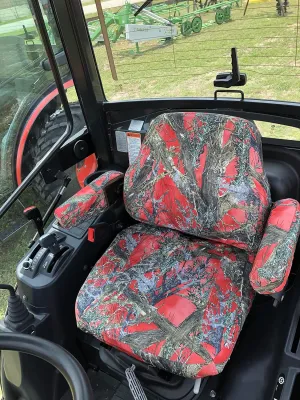 Durafit Seat Covers, Compatible with KIOTI CK,DK and NS Series Tractor, CAB ONLY Grammar Suspension seat. Two Piece Vinyl seat, with ARMREST. Red Camo Waterproof Endura.