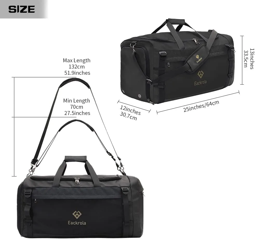 Eackrola Large Sports Gym Bag, Travel Duffel bag with Wet Pocket & Shoes Compartment for men women, 65L, Lightweight