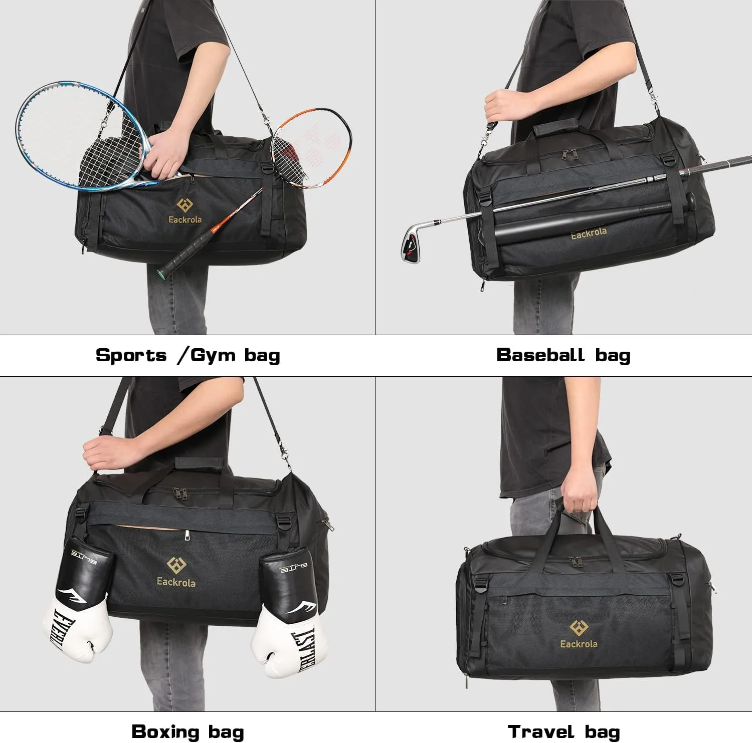 Eackrola Large Sports Gym Bag, Travel Duffel bag with Wet Pocket & Shoes Compartment for men women, 65L, Lightweight