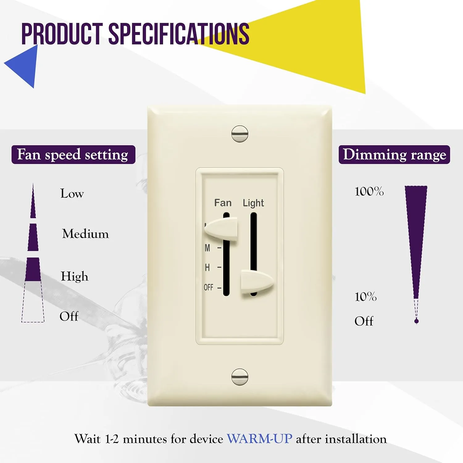 ENERLITES 3 Speed Ceiling Fan Control and LED Dimmer Light Switch, Light and Fan Combination Switch, Single Pole, 2.5A, 300W Incandescent, No Neutral Wire Required, 17001-F3-LA-F, Light Almond